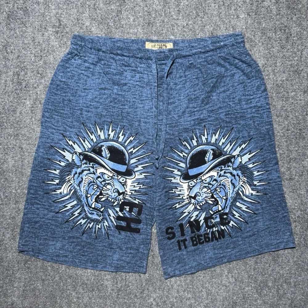 Ed Hardy Soft Knit Sleep Lounge Pajama Shorts Blue Men Medium Drawstring Cotton